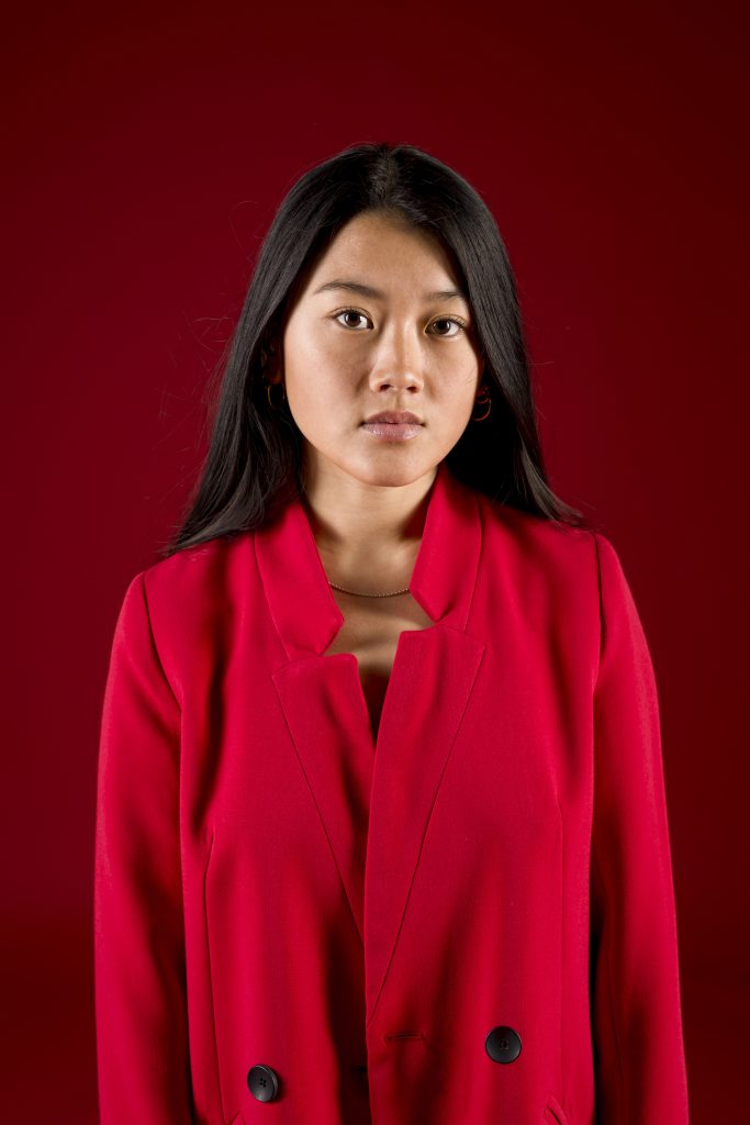 medium shot asian model red
